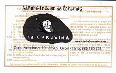 Reverso del d&eacute;cimo 80861 con el sello de la Administraci&oacute;n &laquo;La Curuxina&raquo;, en Gij&oacute;n